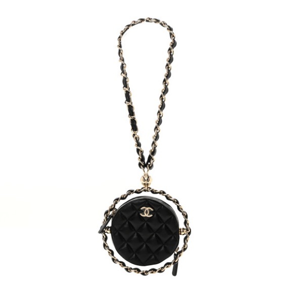 Chanel  Lambskin Quilted Chain Round Mini Clutch Black - Picture 2 of 16